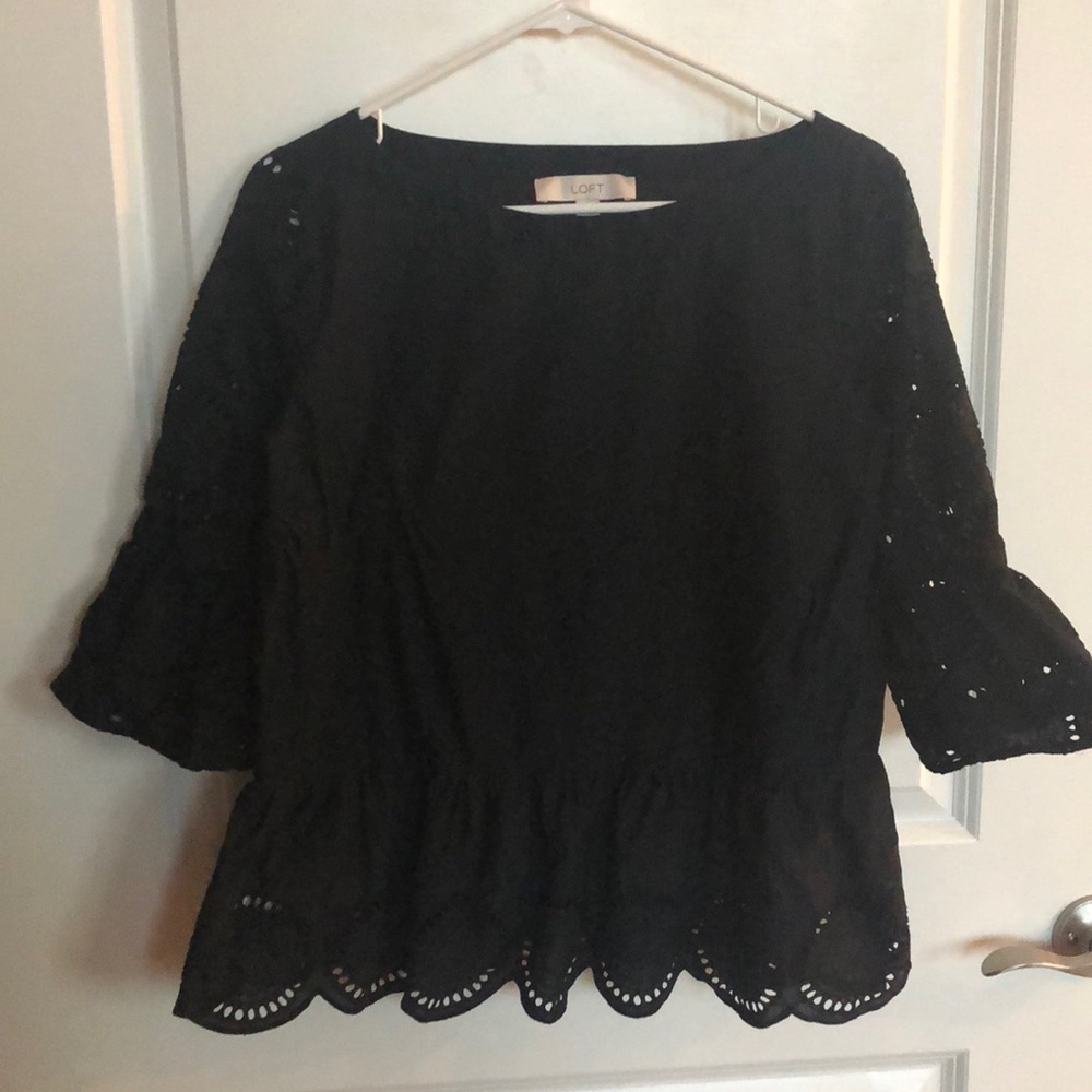 Black embroidered LOFT blouse with peplum